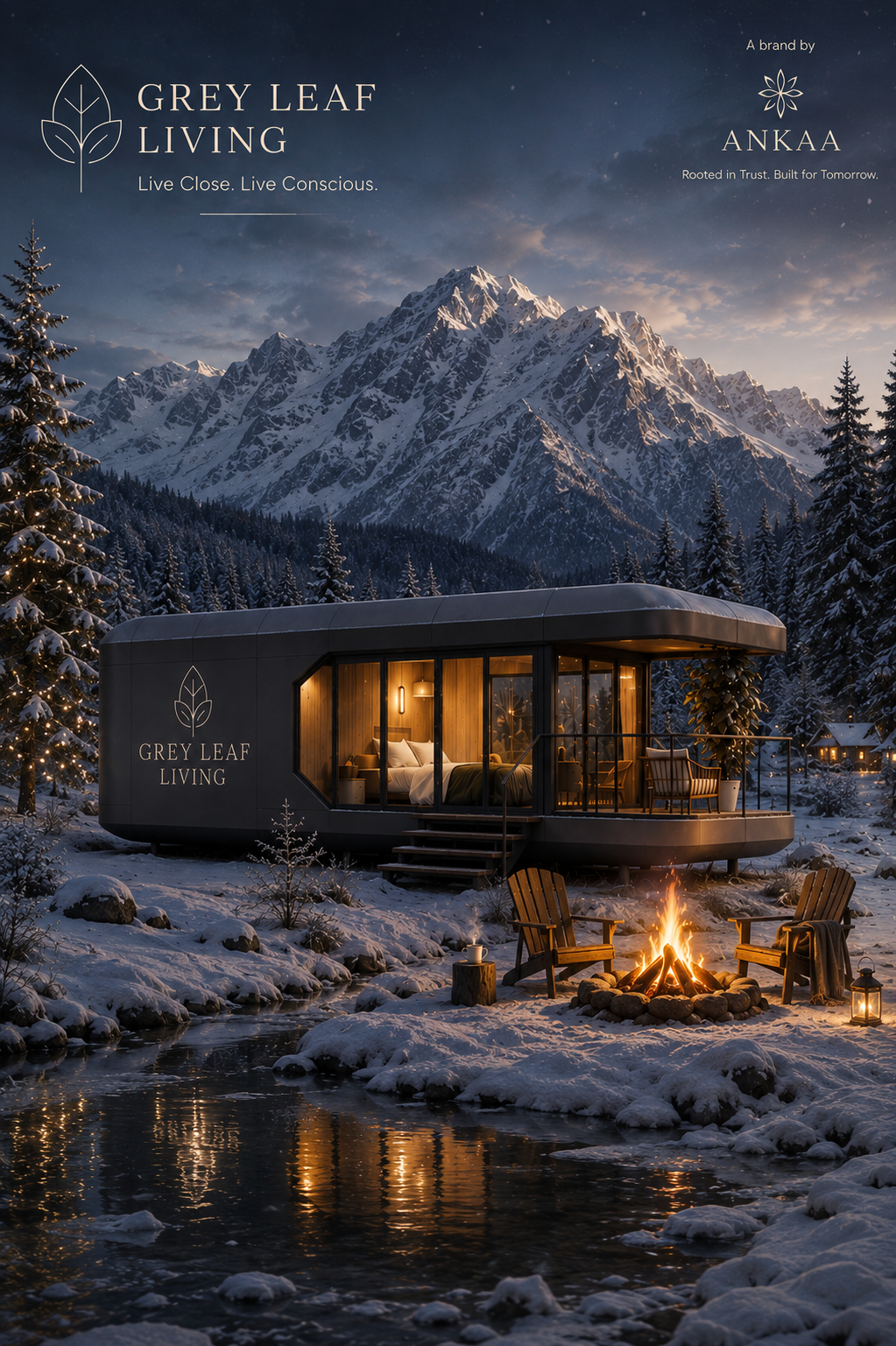 Grey Leaf Living pod home in a snow-covered mountain setting